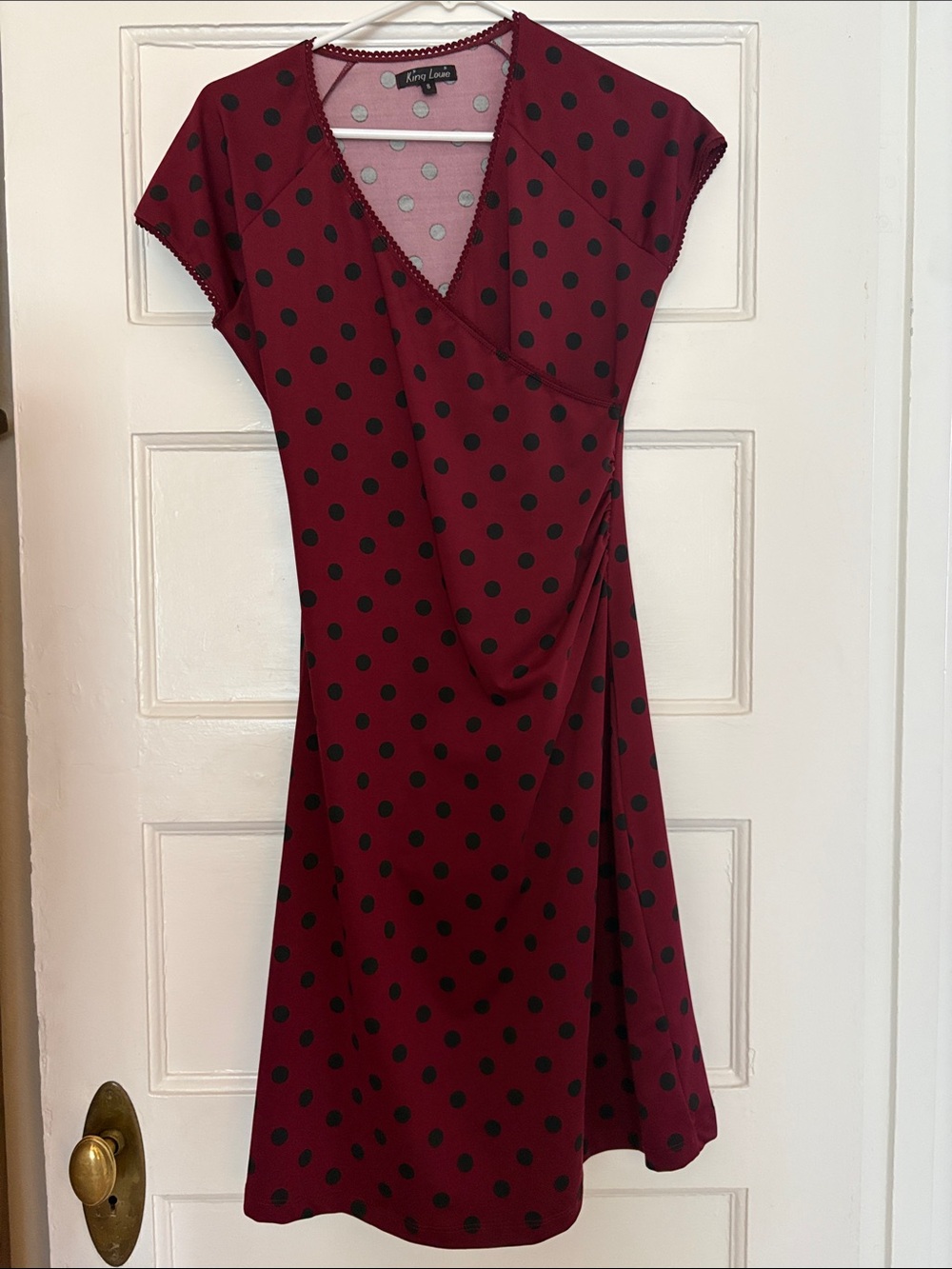 King Louie Burgundy Polka Dot Wrap Midi Dress S